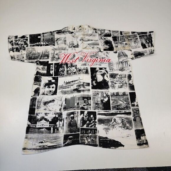 Vintage 90s Single Stitch All Over Print Newspaper AOP West Virginia Shirt Sz L - Picture 1 of 12